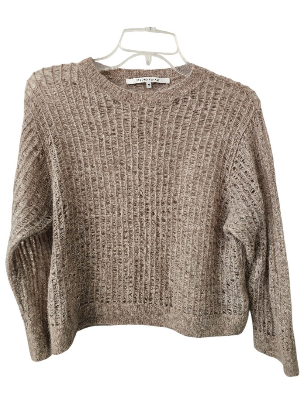 Second Female Open Knit Mohair Blend Textured Crop Sweater Medium Taupe